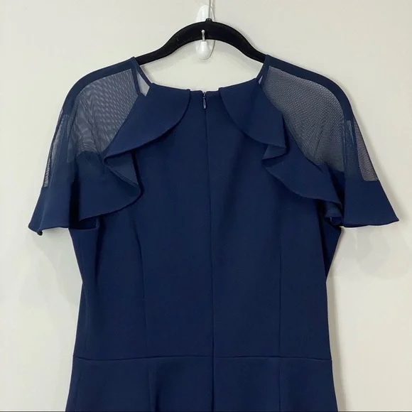 Eliza J Ruffle Shoulder Cocktail Dress Navy Scuba Crepe Wedding Evening Party - Picture 10 of 14